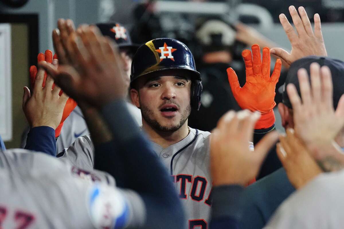 Houston Astros' Yainer Diaz celebrates his solo home run against the Toronto Blue Jays during ninth inning MLB baseball action in Toronto on Wednesday, September 10, 2025. (Nathan Denette/The Canadian Press via AP)
