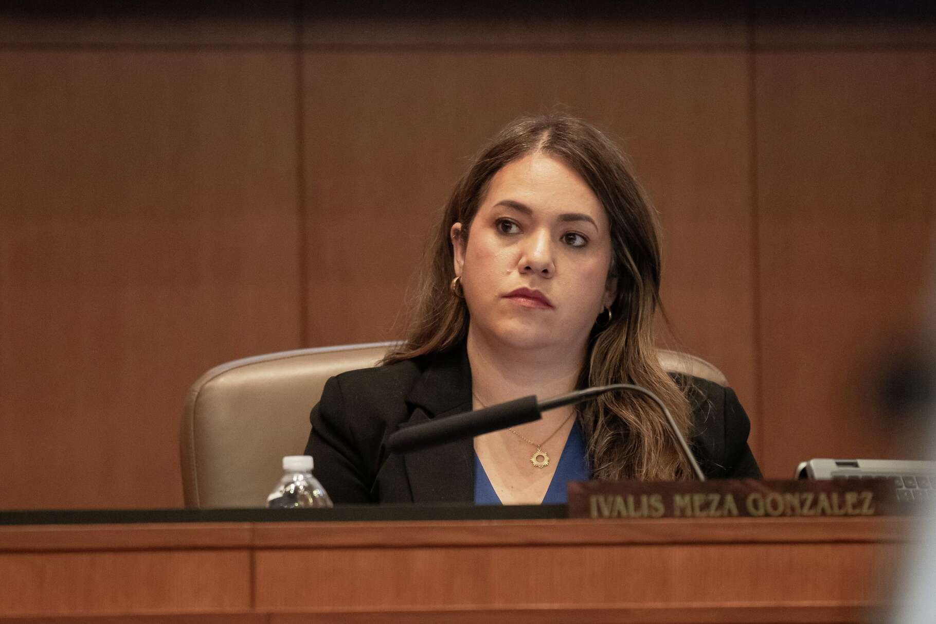 District 8 councilmember Ivalis Meza Gonzalez listens to public comment before the City Council votes to censure the councilmember, in the wake of her July 24 arrest on suspicion of driving while intoxicated, during a special council meeting at the Municipal Plaza Building on Thursday, Sept. 11, 2025 in San Antonio.