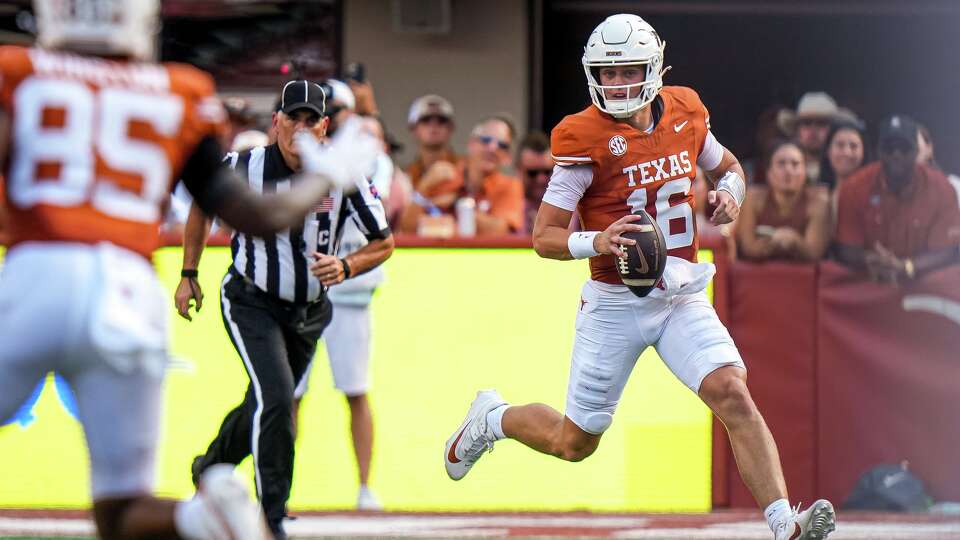 Texas Longhorns quarterback Arch Manning (16) runs the ball during the game against UTEP at Darrell K Royal–Texas Memorial Stadium on Saturday, Sept. 13, 2025.