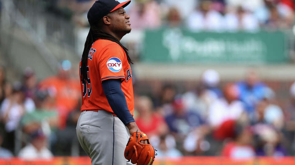Houston Astros pitcher Framber Valdez reacts in the second inning of a baseball game against the Atlanta Braves, Sunday, Sept. 14, 2025, in Atlanta.