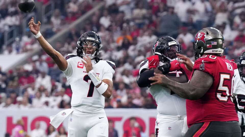 Houston Texans quarterback C.J. Stroud (7) throws a pass during the first half of an NFL football game in Houston, Monday, Sept. 15, 2025.