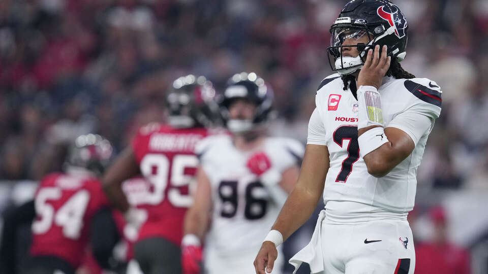 Houston Texans quarterback C.J. Stroud (7) reacts after coming up short on third down during an NFL football game in Houston, Monday, Sept. 15, 2025.