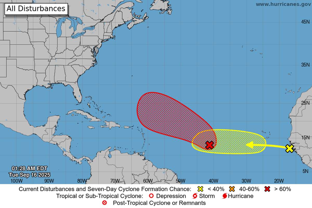 A broad area of low pressure about midway between the Windward Islands and the coast of West Africa is likely to form into a tropical cyclone in the next day or two in the central tropical Atlantic. A second tropical system to the east has lower chances of development.