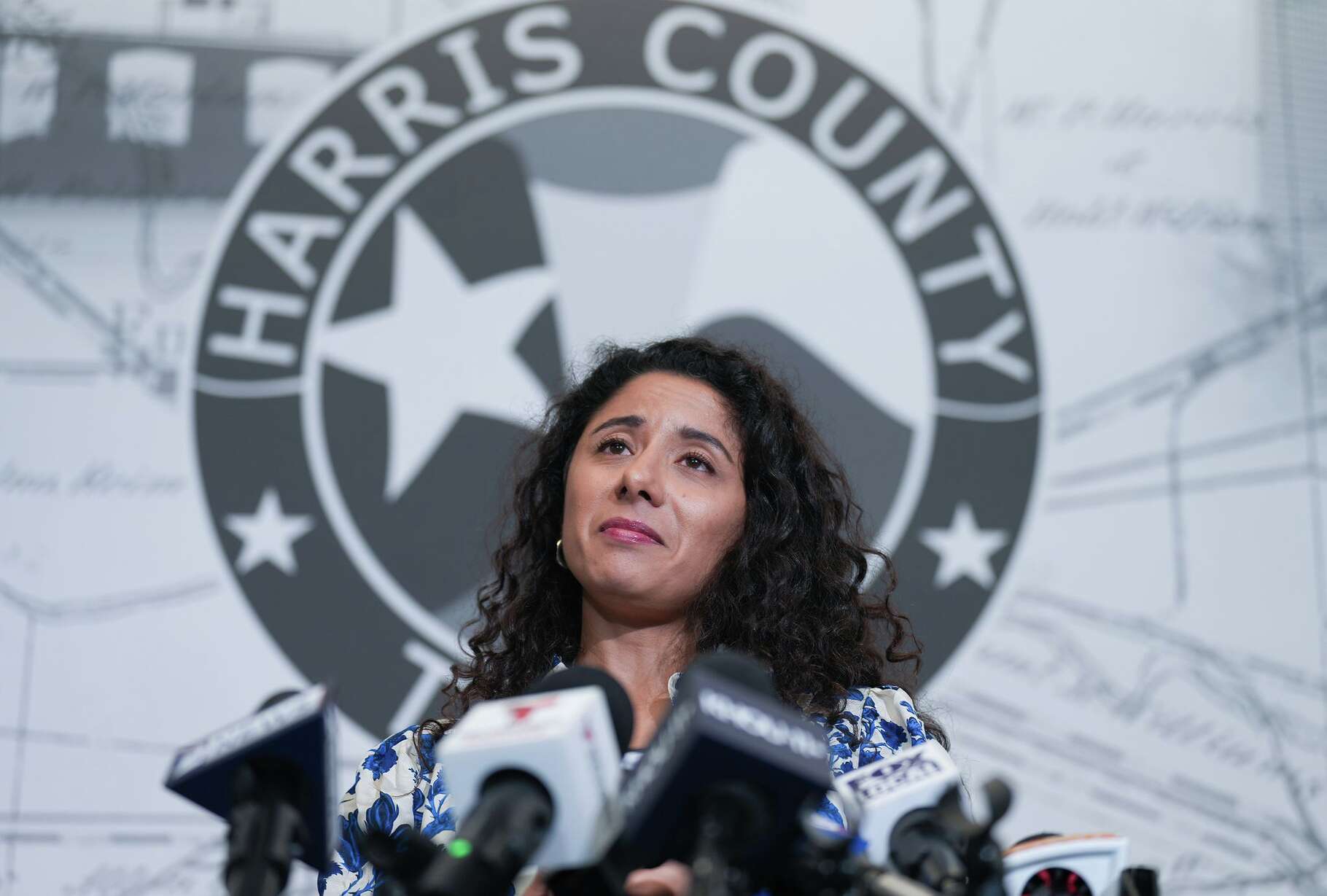 Harris County Judge Lina Hidalgo speaks during a press conference regarding her decision to not run for another term in Houston on Tuesday, Sept. 16, 2025.