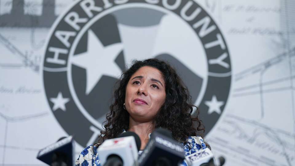 Harris County Judge Lina Hidalgo speaks during a press conference regarding her decision to not run for another term in Houston on Tuesday, Sept. 16, 2025.