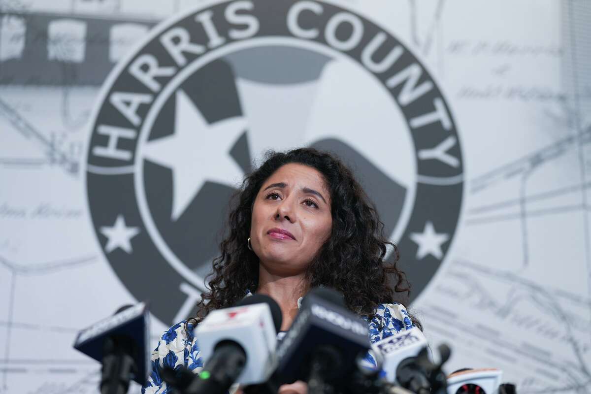Harris County Judge Lina Hidalgo speaks during a press conference regarding her decision to not run for another term in Houston on Tuesday, Sept. 16, 2025.