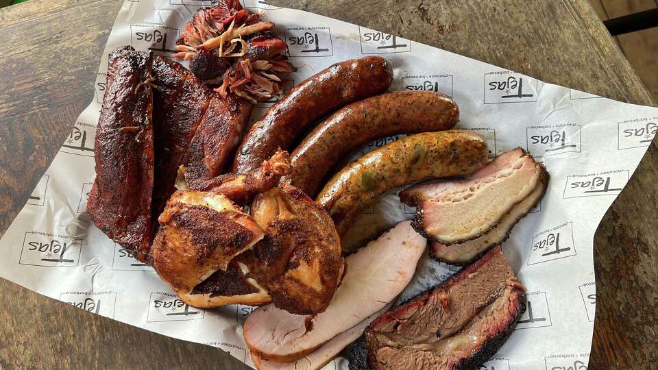 A tray of barbecue from Tejas Chocolate & BBQ in Tomball.