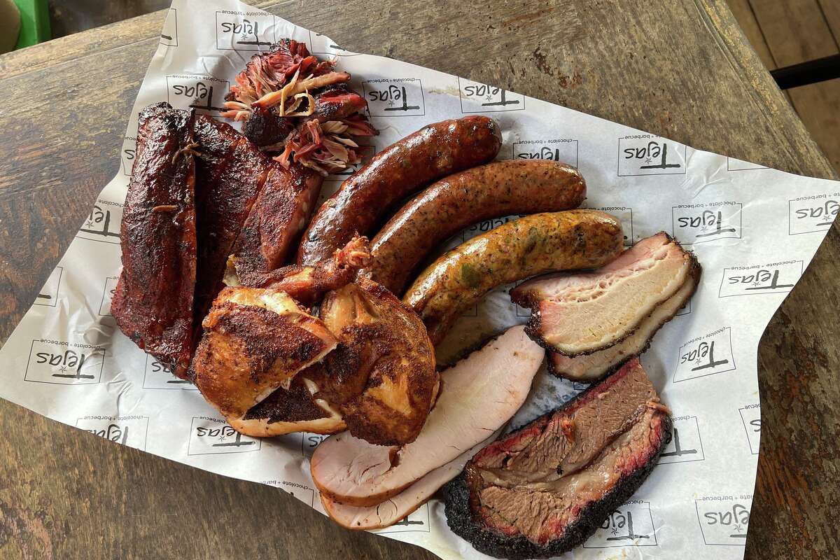 A tray of barbecue from Tejas Chocolate & BBQ in Tomball.