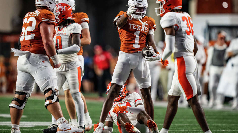 Texas Longhorns wide receiver Ryan Wingo (1) celebrates a run in the second quarter of the Texas Longhorns’ game against the Sam Houston State Bearkats at Darrell K Royal–Texas Memorial Stadium in Austin, Sept. 20, 2025.