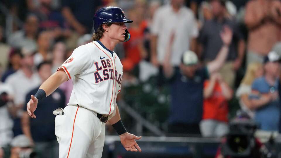 Houston Astros Jake Meyers (6) reacts after Carlos Correa lines into a double play for the final two outs of the ninth inning of a MLB baseball game in Houston, Saturday, Sept. 20, 2025.