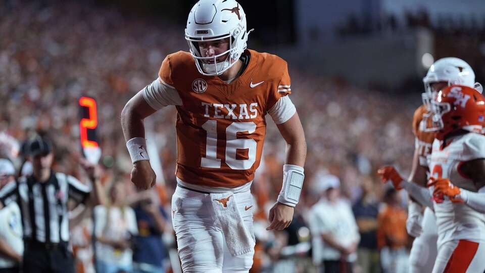 Texas quarterback Arch Manning (16) celebrates a touchdown against Sam Houston State during an NCAA college football game in Austin, Texas, Saturday, Sept. 20, 2025. (AP Photo/Eric Gay)