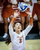 Texas Longhorns setter Rella Binney (3) sets the ball in the third set against the Vanderbilt Commodores at Gregory Gymnasium in Austin, Sept. 24, 2025.