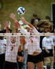 Texas Longhorns setter Rella Binney (3) and middle blocker Ayden Ames (5) jump to block a Commodore attempt in the first set against the Vanderbilt at Gregory Gymnasium in Austin, Sept. 24, 2025.