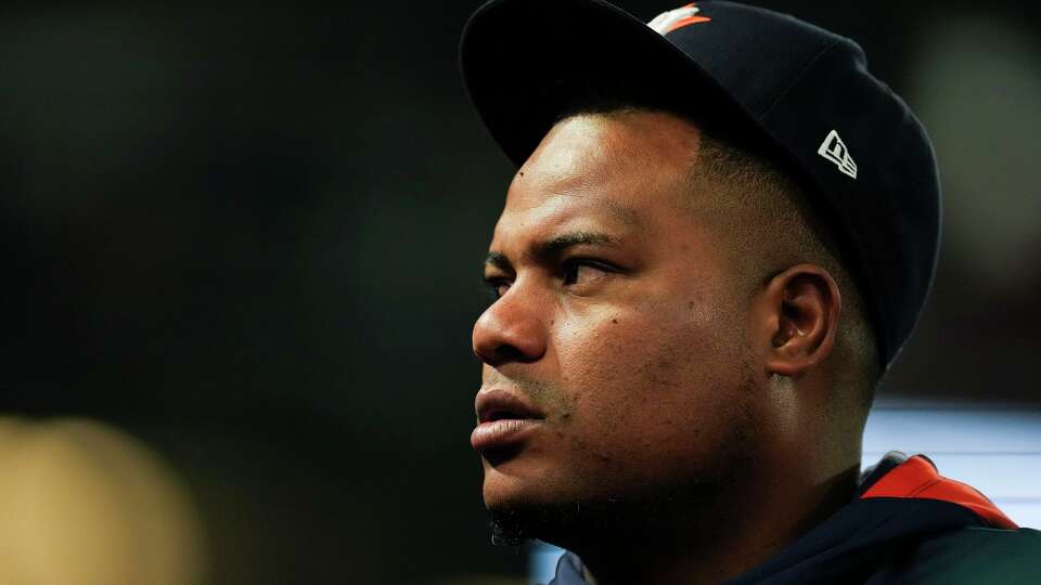 Houston Astros pitcher Framber Valdez (59) is seen in the dugout during the fourth inning an MLB baseball game in Anaheim, Saturday, Sept. 27, 2025.