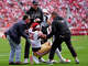 Jauan Jennings of the San Francisco 49ers is helped off the field after catching a two-point conversion during the third quarter against the Jacksonville Jaguars at Levi's Stadium on September 28, 2025 in Santa Clara, California.