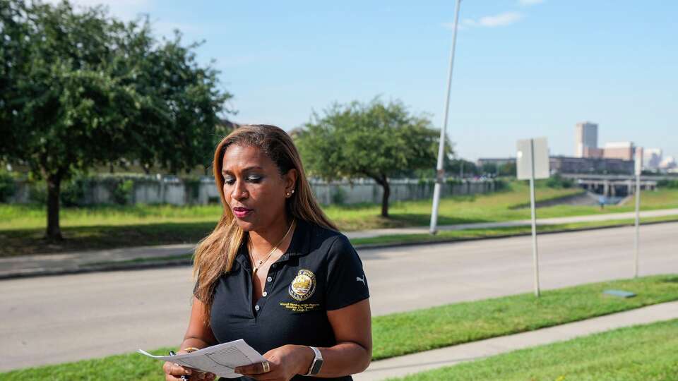 City Council Member Letitia Plummer, At-Large Position 4, goes over her remarks before a news conference discussing bayou safety in light of the recent discoveries of numerous human bodies being recovered in Buffalo Bayou in Houston, Tuesday, Sept. 30, 2025.