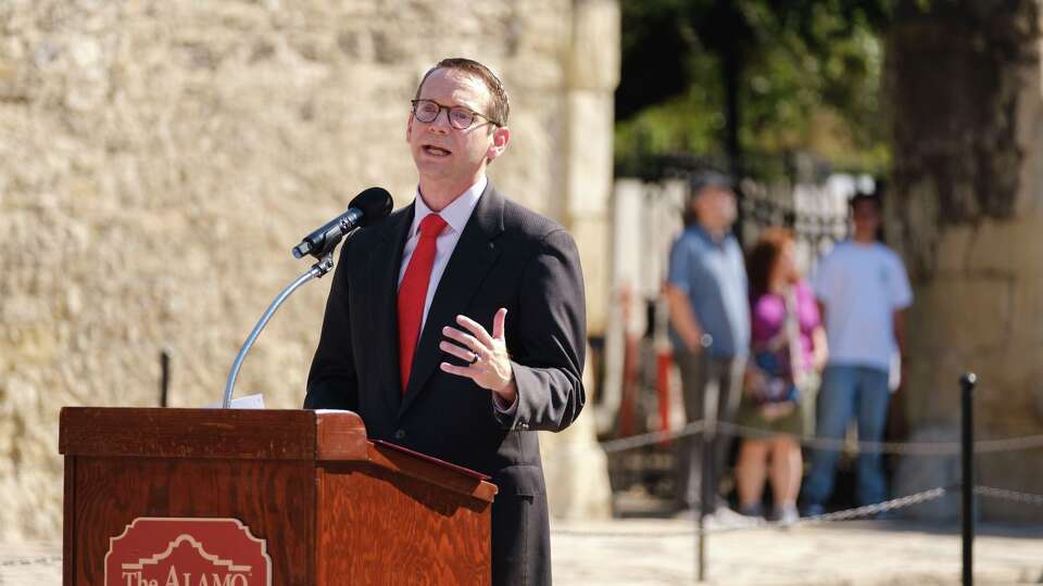 Texas Commissioner of Education Mike Morath makes remarks at the 'History Heroes' press conference in Alamo Plaza on Thursday, Oct. 2, 2025.