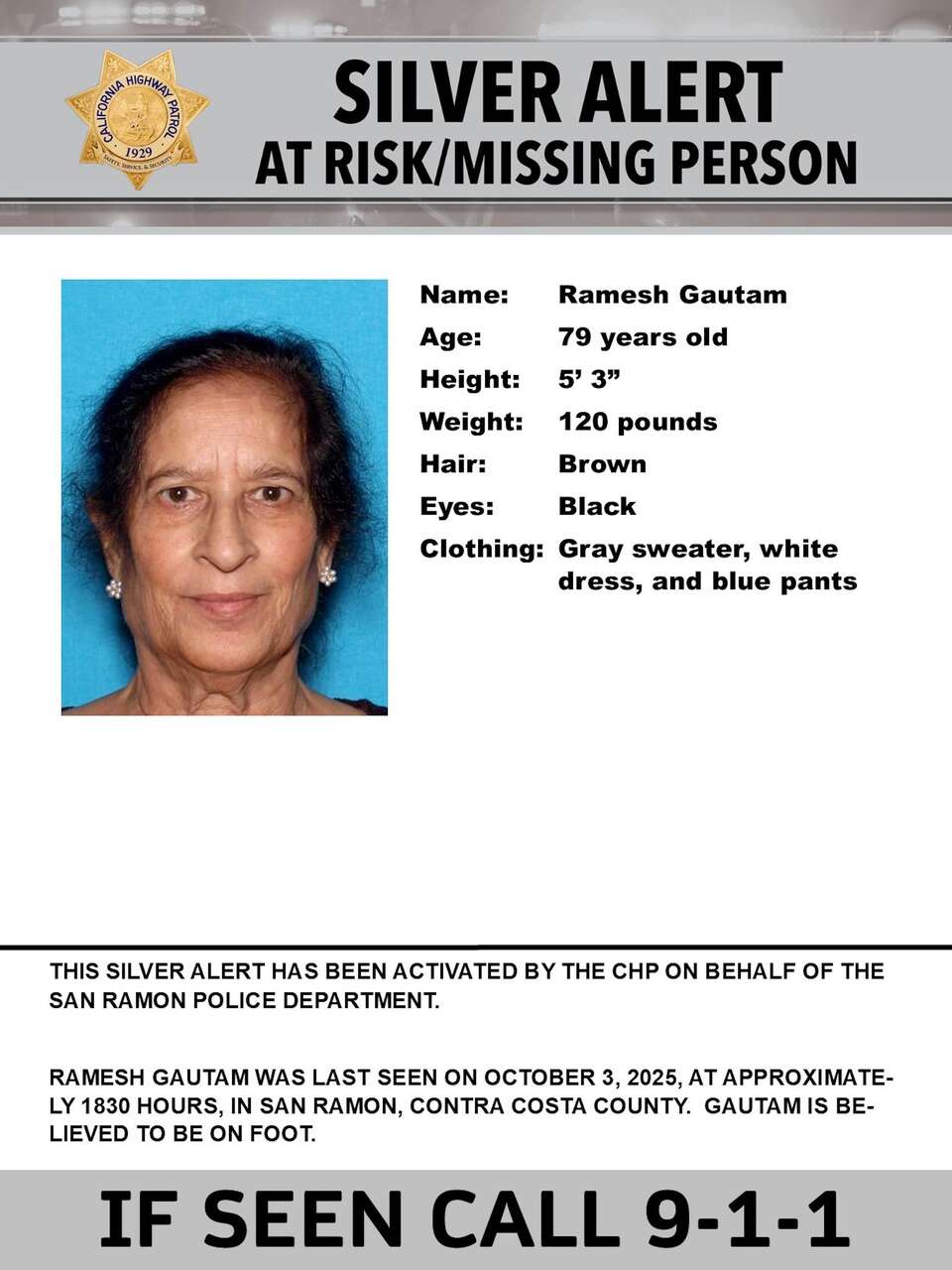 Regional: Silver Alert Issued For Missing 79-Year-Old Woman In San Ramon