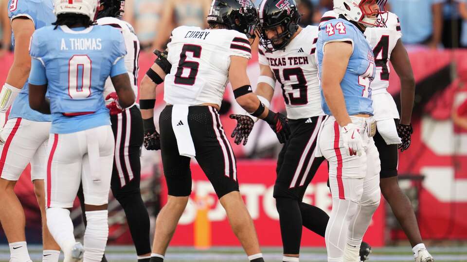 Houston running back Dean Connors (44) is seen after Texas Tech linebacker Ben Roberts (13) recovered Connors’ fumble during the first half of a NCAA college football game in Houston, Saturday, Oct. 4, 2025.
