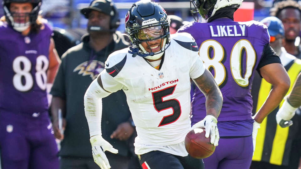 Houston Texans safety Jalen Pitre (5) celebrates after creating a turnover against the Baltimore Ravens during the second half of an NFL football game at M&T Bank Stadium in Baltimore, Sunday, Oct. 5, 2025.