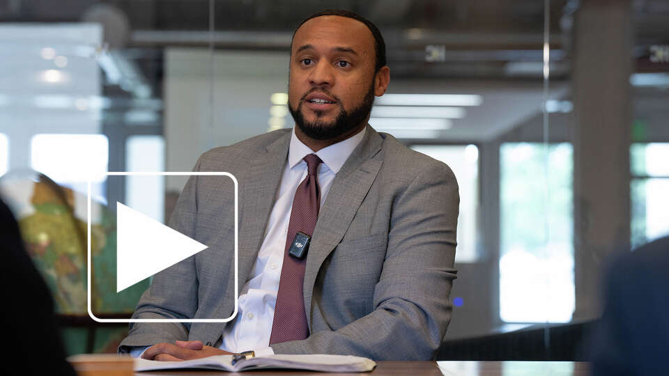 Candidate Jordan Thomas talks with the Editorial Board as he and three other candidates for the Houston City Council At Large 4 seat talk about their positions at the Houston Chronicle in Houston, TX on Friday October 3, 2025.