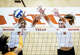 Texas Longhorns outside hitter Cari Spears (23) and middle blocker Ayden Ames (5) jump to block a Tennessee attempt in the fourth set as the Texas Longhorns take on the Tennessee Lady Volunteers at home in Austin, Oct. 8, 2025.
