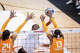 Texas Longhorns outside hitter Torrey Stafford (4) hits the ball over the Tennessee defense in the fourth set as the Texas Longhorns take on the Tennessee Lady Volunteers at home in Austin, Oct. 8, 2025.