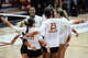 The Texas Longhorns celebrate a point in the second set as the they take on the Tennessee Lady Volunteers at home in Austin, Oct. 8, 2025.