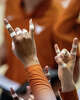 The Texas Longhorns put their “Horns Up” during a time out in the second set as the Texas Longhorns take on the Tennessee Lady Volunteers at home in Austin, Oct. 8, 2025.