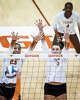 Texas Longhorns outside hitters Cari Spears (23) and Kenna Miller (9) jump to block in the fourth set as the Longhorns take on the Tennessee Lady Volunteers at home in Austin, Oct. 8, 2025.