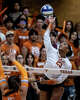 Texas Longhorns outside hitter Cari Spears (23) hits the ball over the net in the first set as the Longhorns take on the Tennessee Lady Volunteers at home in Austin, Oct. 8, 2025.