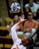 Texas Longhorns outside hitter Torrey Stafford (4) hits the ball over the net in the first set as the Longhorns take on the Tennessee Lady Volunteers at home in Austin, Oct. 8, 2025.