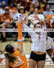 Texas Longhorns middle blocker Ayden Ames (5) jumps to block an attempt from Tennessee in the third set as the Longhorns take on the Tennessee Lady Volunteers at home in Austin, Oct. 8, 2025.