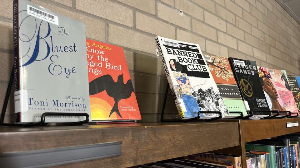 Commonly banned books are displayed at a shelf at West University Branch Library.