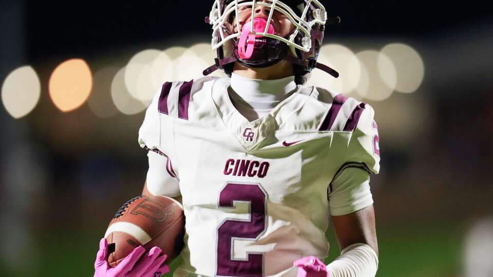 Cinco Ranch wide receiver Jacob Chavez reacts after catching a 41-yard touchdown pass during the first half of a District 19-6A high school football game in Katy, Friday, Oct. 10, 2025.