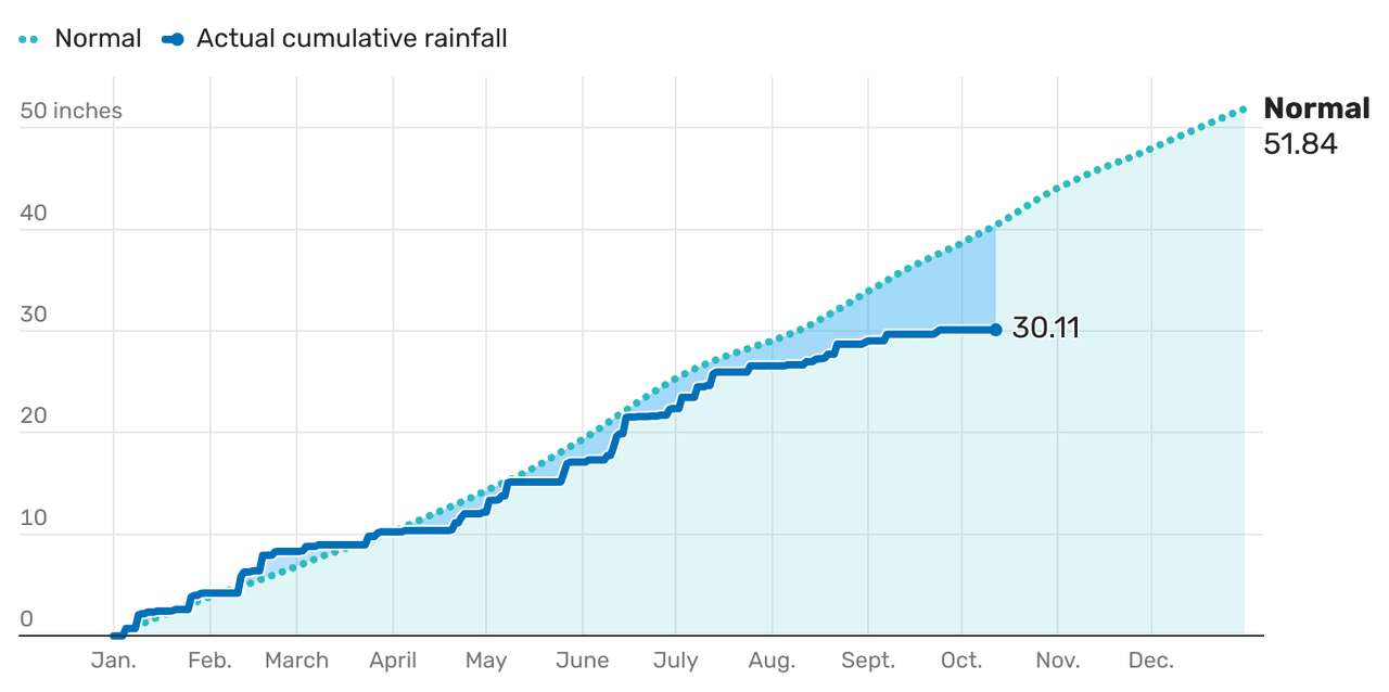 How much rain has Houston received in 2025? The more appropriate query might be to ask how much the city hasn't gotten. Since Jan. 1, Houston has recorded about 30 inches of rain, which is trending about 10 inches below normal for the year to date. Flatness in the chart reflects trace amounts or zero rainfall. Figures are from Bush Intercontinental Airport, the city's official climate observation site.