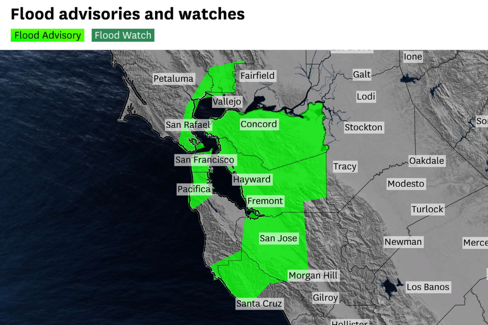 Map shows where Bay Area flood advisories are in effect Monday