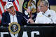 President Donald Trump and Texas Governor Greg Abbott hold hands during a round table event at the Hill Country Youth Event Center to flash flooding on July 11, 2025 in Kerrville, Texas.