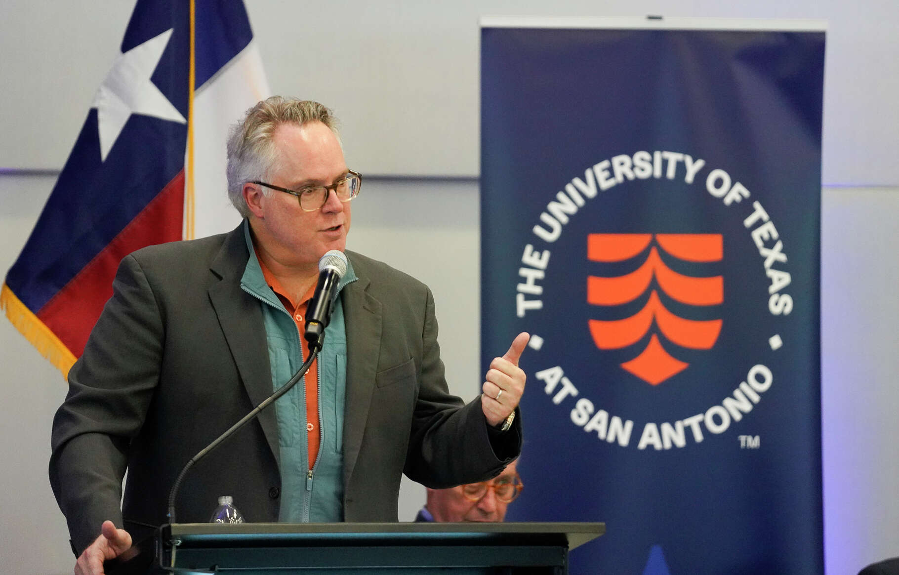 Retired U.S. Navy Vice Admiral Timothy James White, Chief of the Texas Cyber Command speaks during an announcement about the start of the Command's partnership with UT San Antonio.