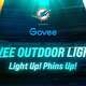 A stadium a wash with blue and orange lighting and a type that reads "Govee Outdoor Lights" "Light Up! Phins Up!"