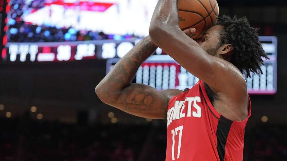 Houston Rockets forward Tari Eason (17) puts up one of his three-point shots in the first half of game action against the Brooklyn Nets at Toyota Center in Houston on Monday, Oct. 27, 2025.