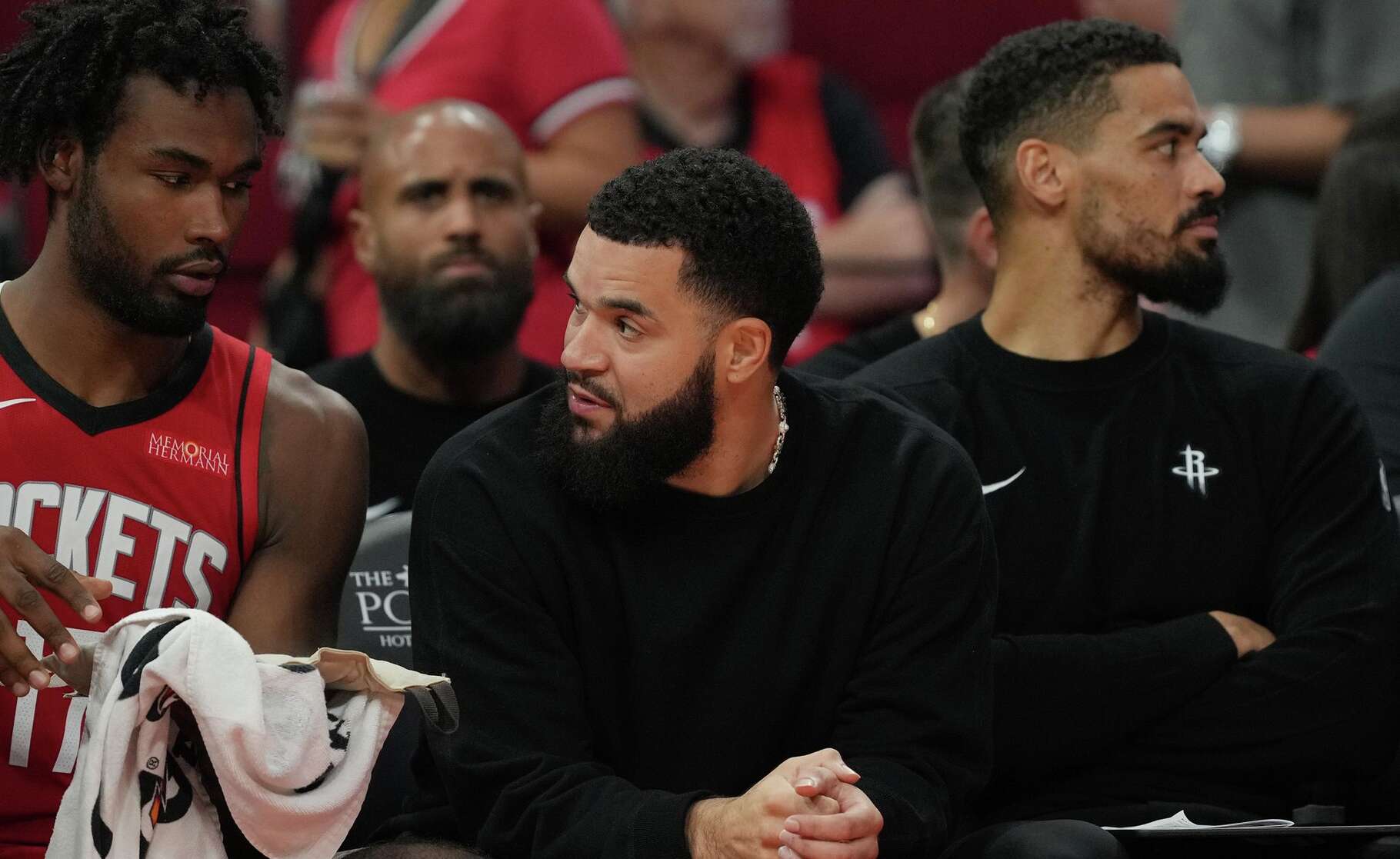 Houston Rockets guard Fred VanVleet (5) sits on the bench as the team takes on the Brooklyn Nets at Toyota Center in Houston on Monday, Oct. 27, 2025. Houston Rockets won the game 137-109.