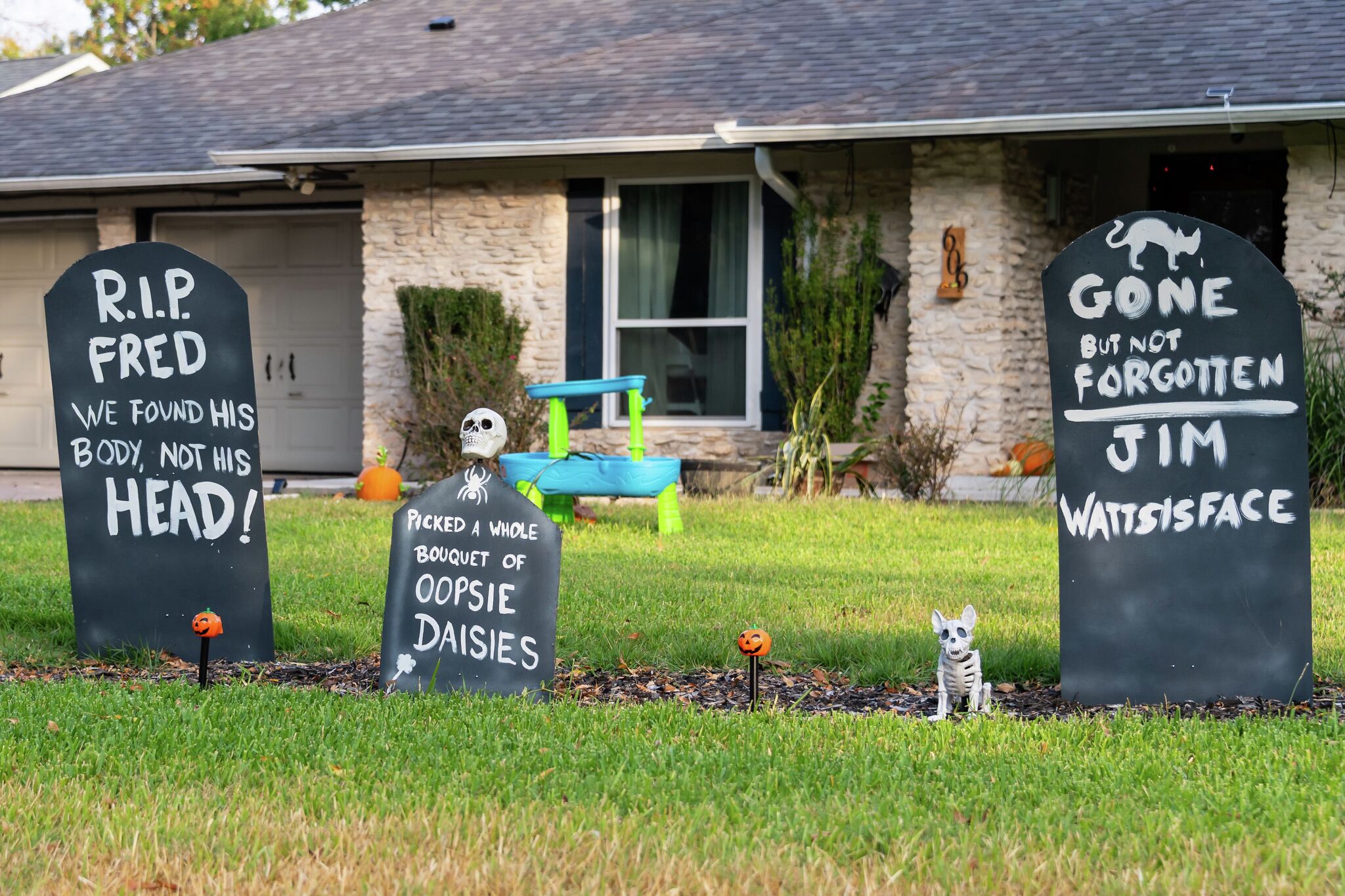 Haunted house decorations in Round Rock West neighborhood