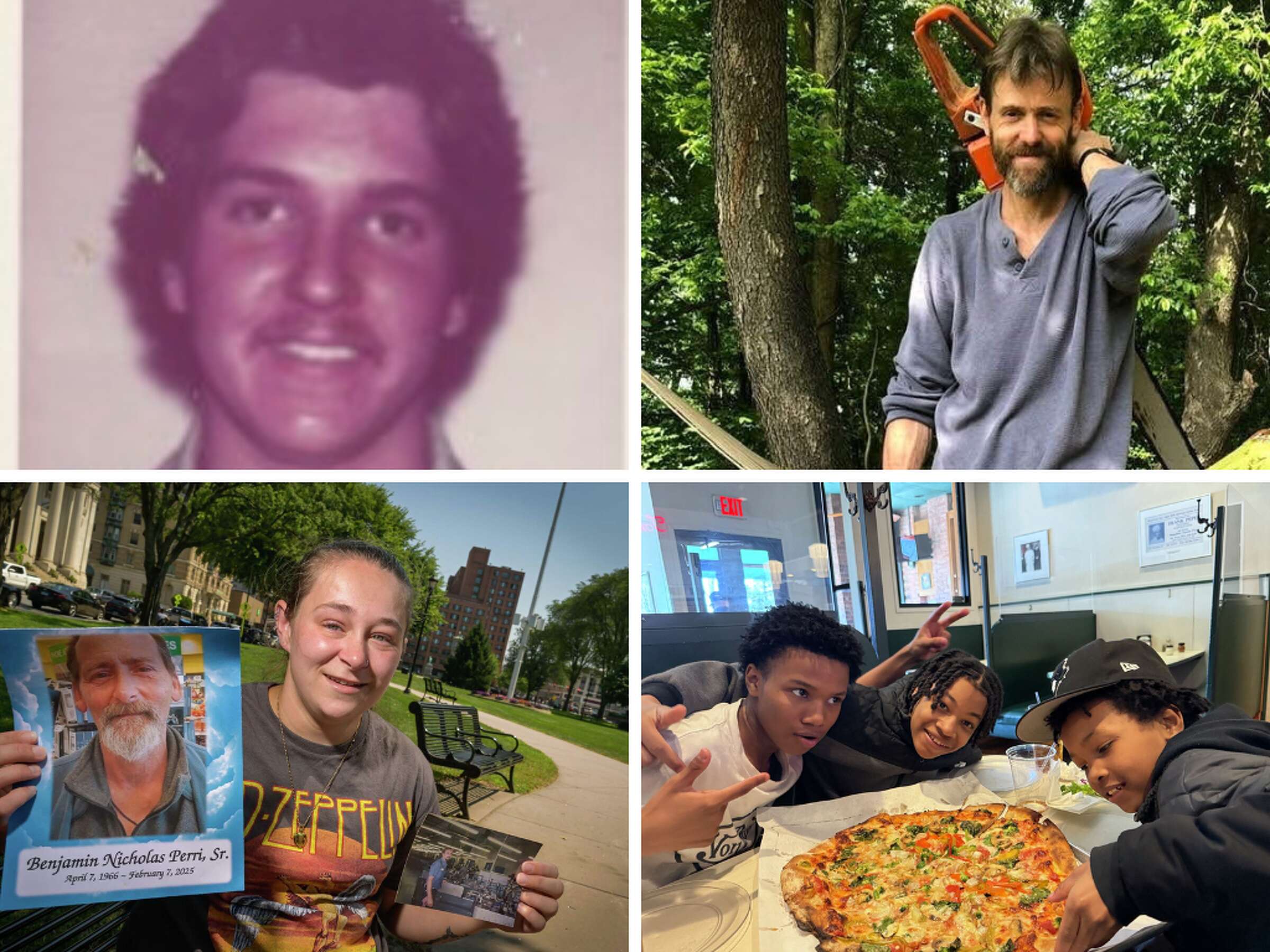 Four-photo collage: top left, a vintage portrait of a smiling young man; top right, a man with a small saw standing outdoors; bottom left, a person holding a photo of a bearded man outdoors; bottom right, three children smiling around a pizza at a restaurant.