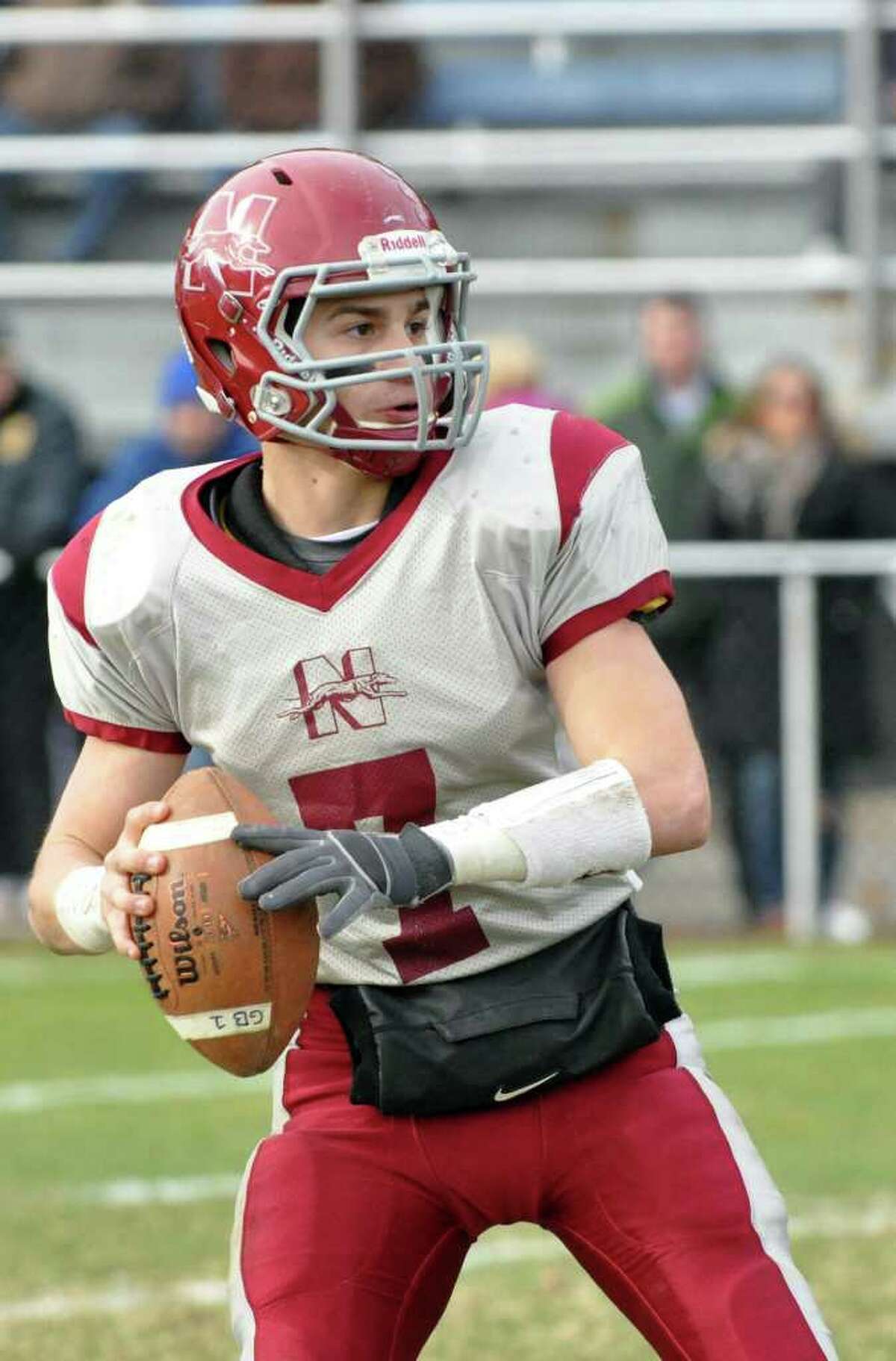 Naugatuck's Erich Broadrick throws a pass during the Thanksgiving day football game against Ansonia at Jarvis Field at the Nolan Athletic Complex in Ansonia on Thursday, Nov. 25, 2010.