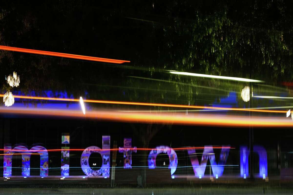 Cars drive by Bagby Park in Midtown in Houston on Thursday, Oct. 30, 2025.