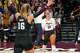 Texas A&M libero Addie Applegate (2) celebrates a score against the Texas Longhorns at Reed Arena on Friday, Oct. 31, 2025 in College Station, Texas.