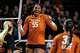 Texas Longhorns middle blocker Nya Bunton (55) celebrates a score during the game against Texas A&M at Reed Arena on Friday, Oct. 31, 2025 in College Station, Texas.