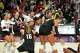 Texas A&M players celebrate beating the Texas Longhorns in the annual Lone Star Showdown volleyball rivalry match at Reed Arena on Friday, Oct. 31, 2025 in College Station, Texas.
