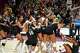 Texas A&M players celebrate beating the Texas Longhorns in the annual Lone Star Showdown volleyball rivalry match at Reed Arena on Friday, Oct. 31, 2025 in College Station, Texas.